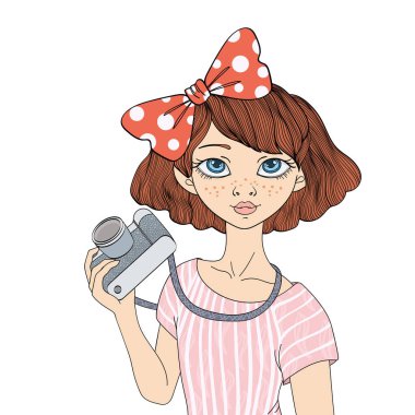 Fotoğraf makinesi olan genç kız. Vektör portre çizim, beyaz arka plan üzerinde izole.