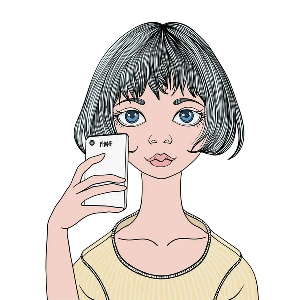 Une jeune fille fait un selfie avec un smartphone. Illustration vectorielle de portrait, isolée sur blanc . — Image vectorielle