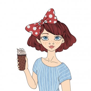 Bir fincan kahve tutan genç bir kız. Vektör portre çizim, beyaz arka plan üzerinde izole.