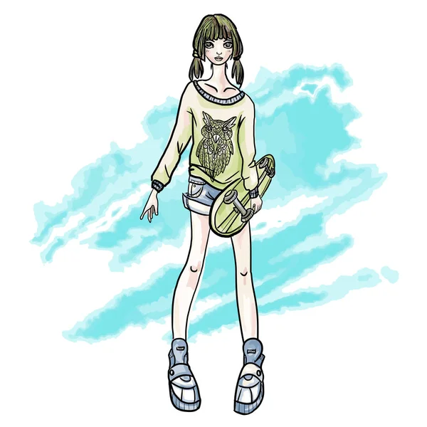 Menina bonito com skate. Desportos radicais urbanos, estilo de vida activo. Ilustração vetorial, isolada sobre branco . —  Vetores de Stock