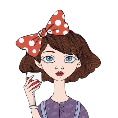 Kırmızı şarap ile genç şirin kız. Vektör çizim, beyaz arka plan üzerinde izole.