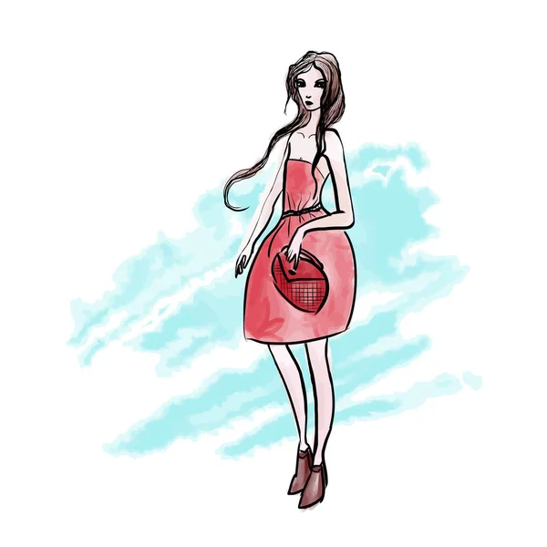 Paní v červených šatech na pozadí akvarel tahů. Vektorové módní ilustrace, izolované na bílém pozadí. — Stockový vektor