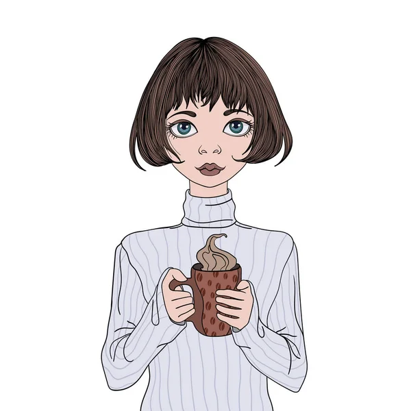 Een jong meisje die houdt van een kopje koffie. Portret van vectorillustratie, geïsoleerd op witte achtergrond. — Stockvector