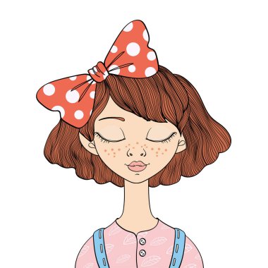 Kapalı gözler ile genç bir kız. Vektör portre çizim, üzerinde beyaz izole.