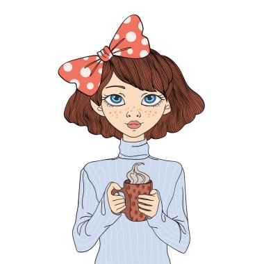 Bir fincan kahve tutan genç bir kız. Vektör portre çizim, beyaz arka plan üzerinde izole.