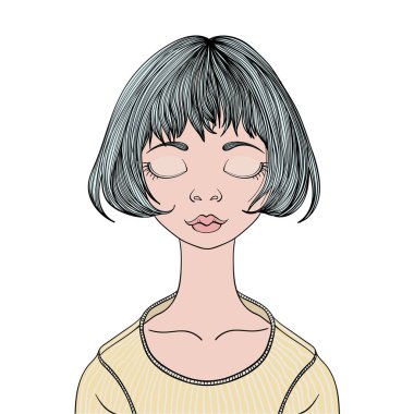 Kapalı gözler ile genç bir kız. Vektör portre çizim, üzerinde beyaz izole.