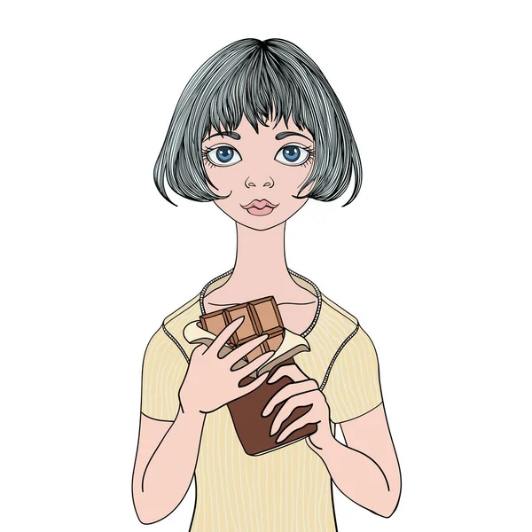 Νεαρή κοπέλα κρατώντας μια μπάρα σοκολάτας. Γλυκό δόντι. Εικονογράφηση φορέα πορτρέτο, απομονώνονται σε λευκό φόντο. — Διανυσματικό Αρχείο