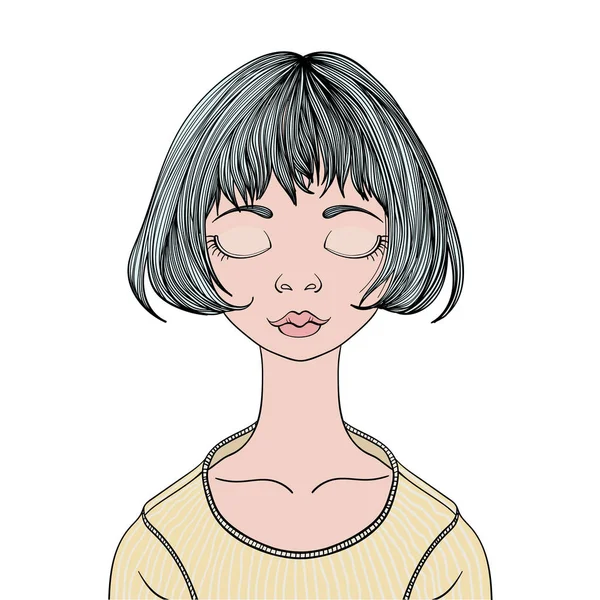 Kapalı gözler ile genç bir kız. Vektör portre çizim, üzerinde beyaz izole.