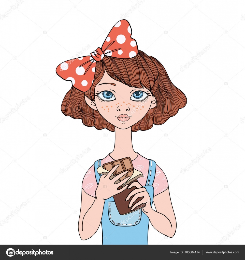 Young Girl Holding A Chocolate Bar. Sweet Tooth. Vector Portrait.