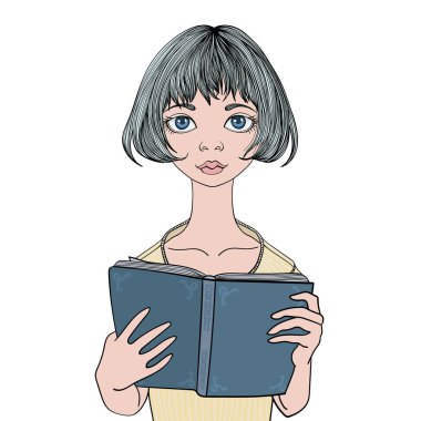 Güzel kız bir kitap okuma... Genç kadın portre. Vektör çizim, beyaz arka plan üzerinde izole.