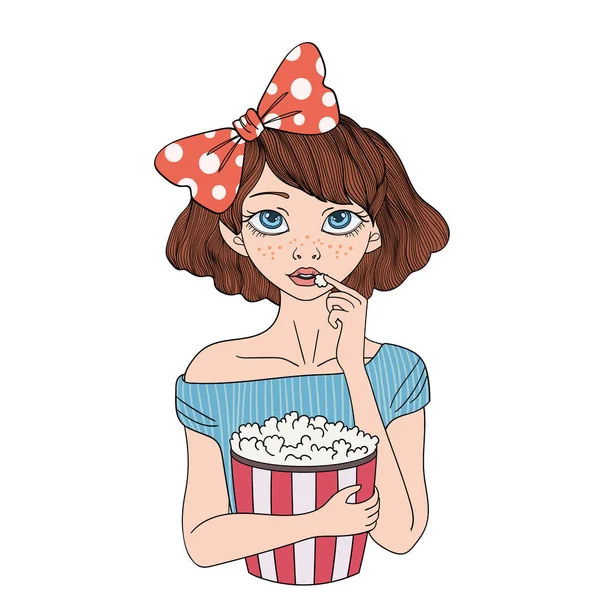 Nettes Mädchen mit einer Tasse Popcorn. junge Frau im Kino. Vektor Portrait Illustration, isoliert auf weißem Hintergrund. — Stockvektor