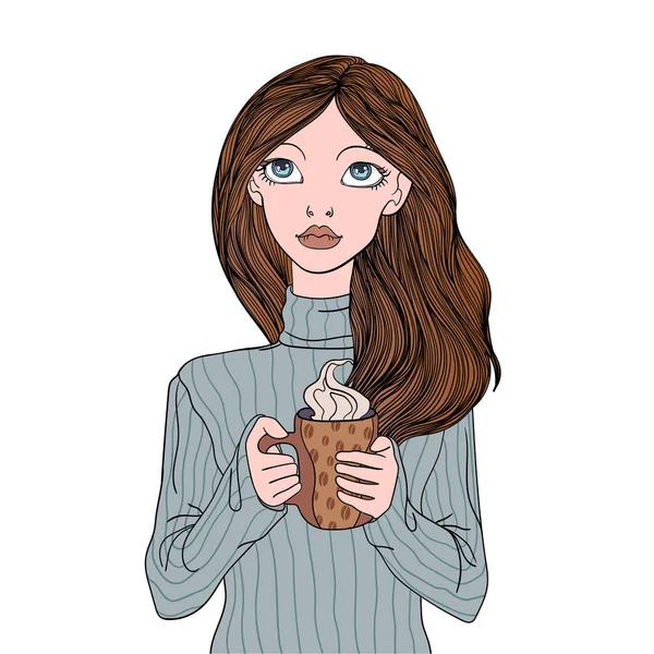 Una joven sosteniendo una taza de café. Ilustración de retrato vectorial, aislado sobre fondo blanco . — Vector de stock