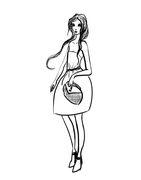 Chica joven en vestido. Ilustración de vectores de moda en estilo de boceto, aislado sobre fondo blanco . — Vector de stock