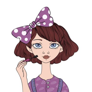 Güzel kız kirpik maskara boyar. Genç kadının makyaj yapması. Vektör portre çizim, beyaz arka plan üzerinde izole.