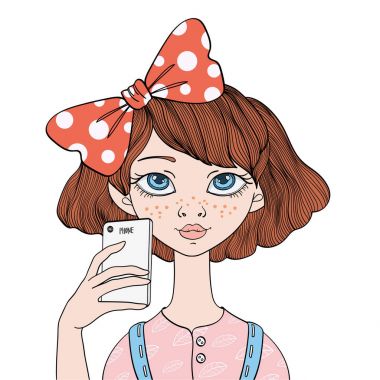 Genç bir kız ile bir smartphone bir selfie yapar. Vektör portre çizim, üzerinde beyaz izole.