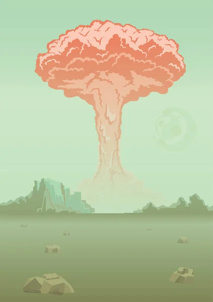 Explosión de bombas nucleares en el desierto. Nube de hongos. Ilustración vectorial . — Archivo Imágenes Vectoriales