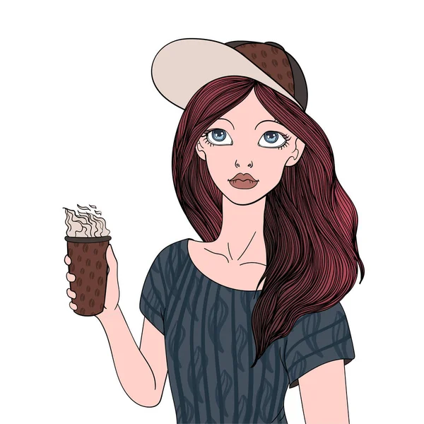 Uma jovem segurando uma xícara de café. Ilustração do retrato vetorial, isolado sobre fundo branco . —  Vetores de Stock