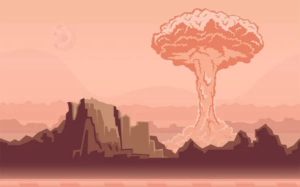 Explosión de bombas nucleares en el desierto. Nube de hongos. Ilustración vectorial . — Vector de stock