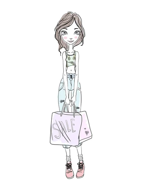 Jong meisje boodschappentassen in handen houden. Handgetekende schets. Vectorillustratie, geïsoleerd op witte achtergrond. — Stockvector