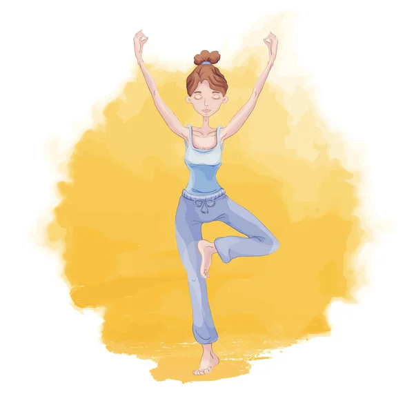 Mujer joven practicando yoga sobre un fondo de amanecer o atardecer. Chica de pie sobre una pierna en el árbol posan sobre un fondo amarillo de mancha de acuarela. Ilustración vectorial, emblema para estudio de yoga . — Archivo Imágenes Vectoriales