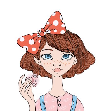 Topluca spinner ile oynayan genç kız. El spinner - anti stres oyuncak okul çocuklar ve yetişkinler için popüler. Vektör çizim, beyaz arka plan üzerinde izole.