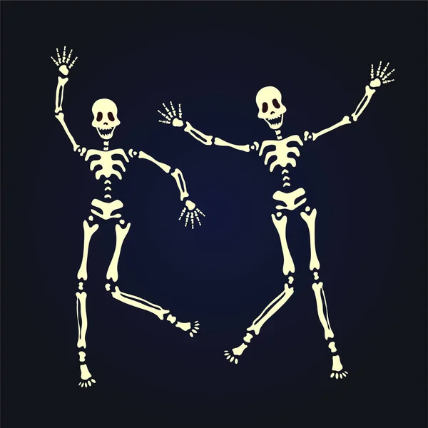 Two dancing skeleton. Vector illustration, isolated on black. — Stock Vector