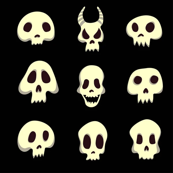 Set of human and animal skulls. Vector illustration, isolated on black. — Stock Vector