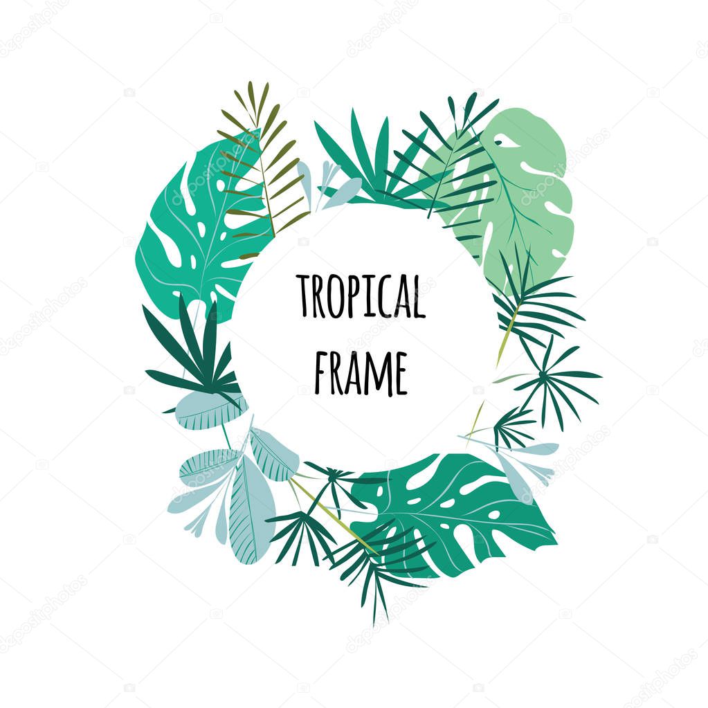Tropical frame, template with place for text. Vector illustration, isolated on white.