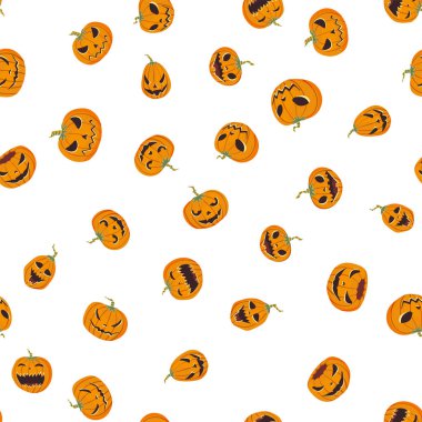 Oyma pumpkinst ile Seamless Cadılar Bayramı modeli. Jack-o-lantern. Vektör çizim, beyaz arka plan üzerinde izole.