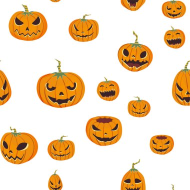 Oyma pumpkinst ile Seamless Cadılar Bayramı modeli. Jack-o-lantern. Vektör çizim, beyaz arka plan üzerinde izole.