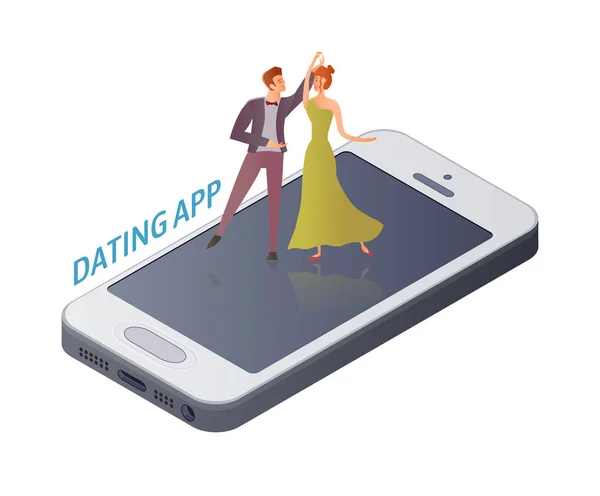 Concepto de aplicación para citas móviles. Pareja joven, hombre y mujer bailando baile de salón en una fecha en la pantalla del teléfono inteligente. Ilustración vectorial, aislada en blanco . — Vector de stock