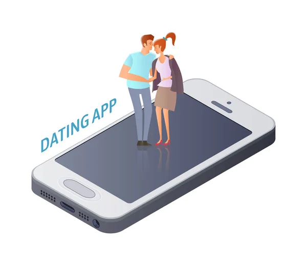 Concepto de aplicación para citas móviles. Pareja joven, hombre y mujer en una cita en la pantalla del teléfono inteligente. Ilustración vectorial, aislada en blanco . — Vector de stock