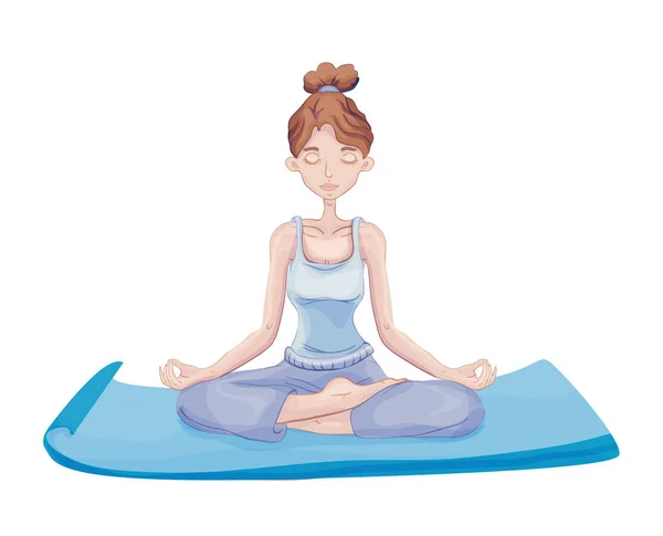 Mujer joven practica yoga, sentada en la posición de Loto en la Estera. Meditación. Estilo de vida activo y actividades deportivas a temprana edad. Ilustración vectorial . — Vector de stock