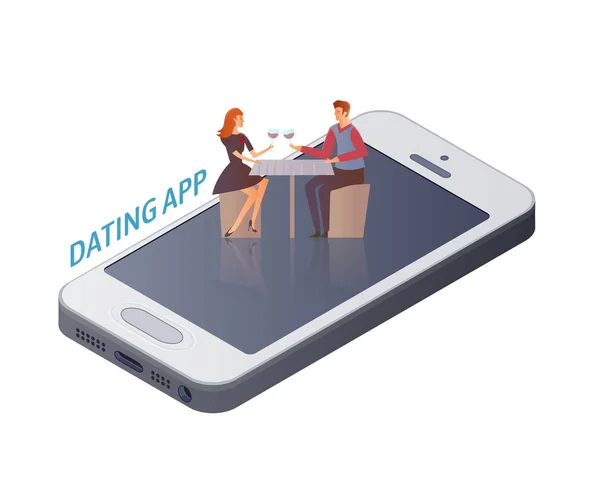 Concepto de aplicación para citas móviles. Pareja joven, hombre y mujer en una cita en la pantalla del teléfono inteligente. Ilustración vectorial, aislada en blanco . — Vector de stock
