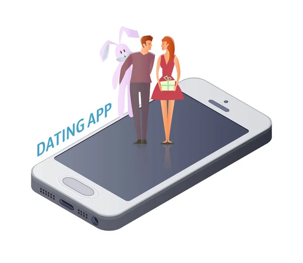 携帯出会い系アプリのコンセプト。若いカップル、男性と女性のスマート フォン画面上の日付。バレンタインの日、ぬいぐるみのバニーとボウ付きボックスのためのギフト。ベクトル図では、白で隔離. — ストックベクタ