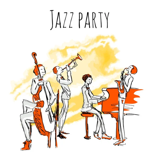Αφίσα ή εξώφυλλο για jazzband. Συναυλία της μουσικής τζαζ. Το κουαρτέτο παίζει τζαζ. Εικονογράφηση διάνυσμα σε στυλ σκίτσο, απομονώνονται σε λευκό. — Διανυσματικό Αρχείο
