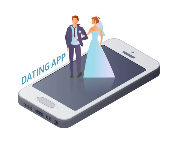 携帯出会い系アプリのコンセプト。若いカップル、男性と女性のスマート フォン画面上の結婚式で。ベクトル図では、白で隔離. — ストックベクタ