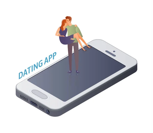 Concepto de aplicación para citas móviles. Pareja joven, hombre y mujer en una cita en la pantalla del teléfono inteligente. Un hombre lleva a una mujer en sus manos. Ilustración vectorial, aislada en blanco . — Vector de stock