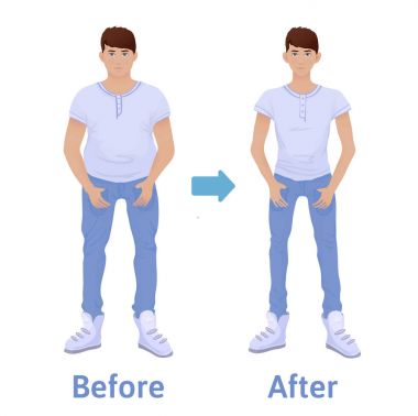 Genç adam önce ve sonra diyet ve fitness. Kilo kaybı. Yağlı ve ince bir adam, vücut dönüşümü. Vektör çizim, üzerinde beyaz izole