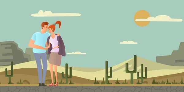 Um jovem casal apaixonado. Homem e mulher em um encontro romântico na paisagem do deserto. Ilustração vetorial . —  Vetores de Stock