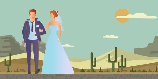 Pareja enamorada. Joven hombre y mujer en la boda en el paisaje del desierto. Ilustración vectorial . — Vector de stock