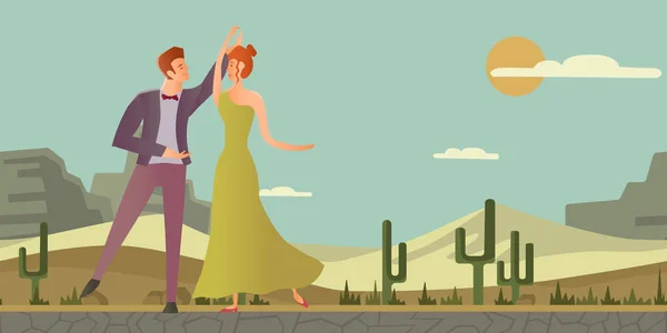 Junges Paar. Männer und Frauen tanzen Standardtanz in Wüstenlandschaft. Vektorillustration. — Stockvektor