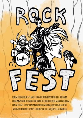 Ağır müzik rock Festivali için poster. Gitarist, şarkıcı sarı bir arka plan üzerinde ve davulcu. Rock grubu. Vektör çizim.