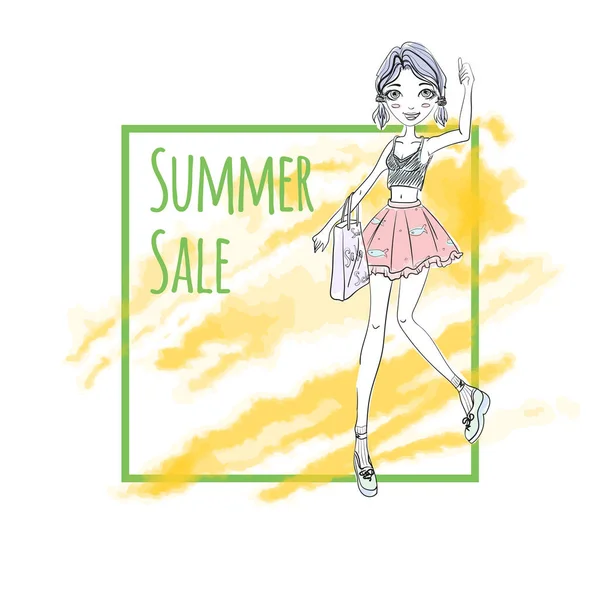 Yellow Watercolor Super Sale Banner. Girl with shopping bag. Vector design Elements, advertising illustration. Business Advertisement Design, isolated on white background. — Stock Vector