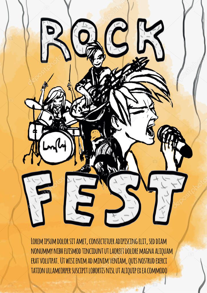 The poster for the rock festival of heavy music . Guitarist, drummer and singer on a yellow background. Rock band. Vector illustration.