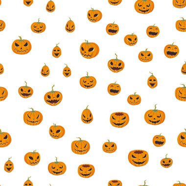 Oyma pumpkinst ile Seamless Cadılar Bayramı modeli. Jack-o-lantern. Vektör çizim, beyaz arka plan üzerinde izole.