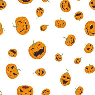 Oyma pumpkinst ile Seamless Cadılar Bayramı modeli. Jack-o-lantern. Vektör çizim, beyaz arka plan üzerinde izole.