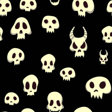 Kafatasları ile Seamless Cadılar Bayramı modeli. Vektör çizim, siyah arka plan üzerine izole.