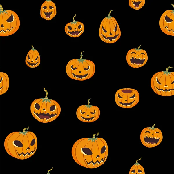 Modèle halloween sans couture avec pommeau sculpté. Jack-o-lanterne. Illustration vectorielle, isolée sur fond noir . — Image vectorielle
