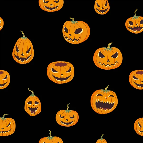 Modèle halloween sans couture avec pommeau sculpté. Jack-o-lanterne. Illustration vectorielle, isolée sur fond noir . — Image vectorielle